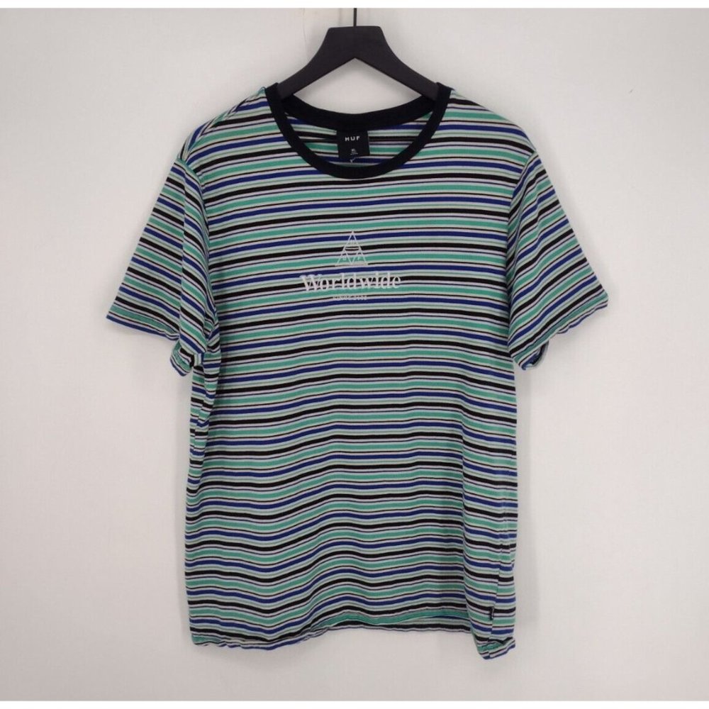 HUF Worldwide Embroidered Striped Skate Blue Green Black White T-Shirt Mens XL